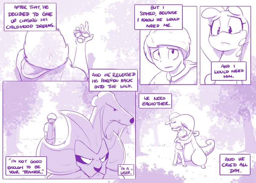 5_fingers duo_focus female fingers group male plant sad tail text tree shoutingisfun nintendo pokemon beartic generation_5_pokemon generation_6_pokemon goodra human mammal pokemon_(species) pyroar 2018 comic digital_media_(artwork) english_text monochrome purple_and_white