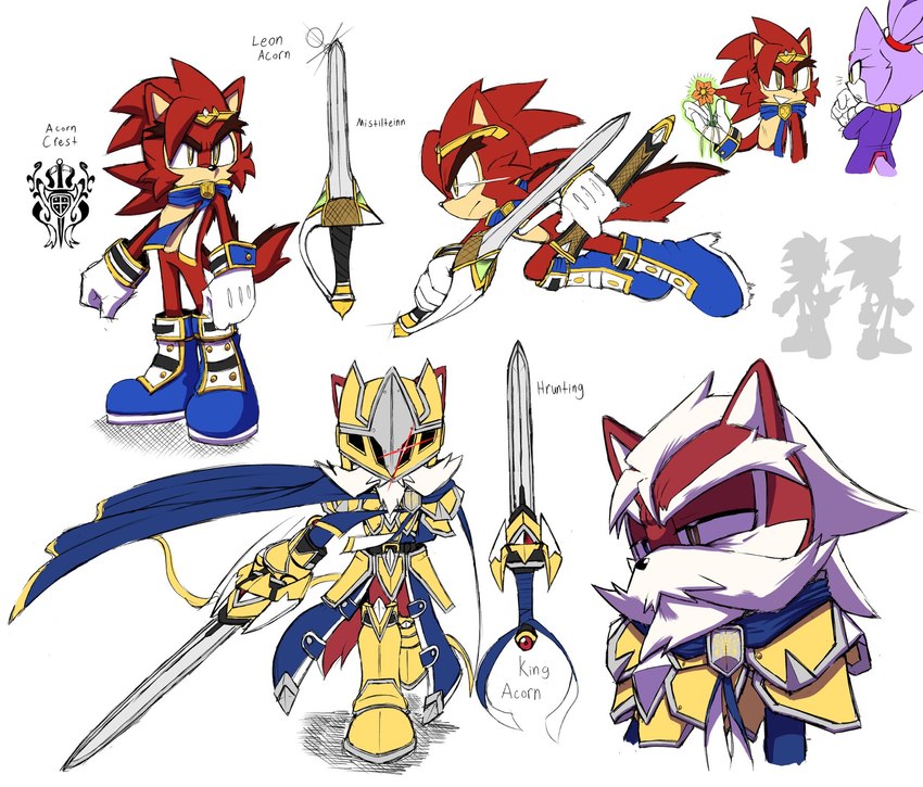 anthro armor beard clothing eyebrows facial_hair female flower gloves handwear holding_melee_weapon holding_object holding_sword holding_weapon male melee_weapon plant sword weapon white_clothing white_gloves white_handwear yellow_eyes cometx-ing_(artist) sega sonic_the_hedgehog_(series) blaze_the_cat fan_character leon_acorn maximilian_acorn chipmunk domestic_cat felid feline felis ground_squirrel mammal rodent sciurid hi_res