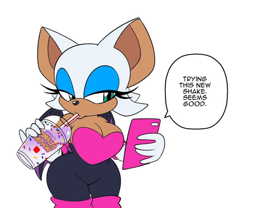 anthro armwear beverage breasts cellphone cleavage clothed clothing container cup dialogue drinking elbow_gloves electronics eyelashes female gloves green_eyes handwear membrane_(anatomy) membranous_wings phone smartphone solo speech_bubble text wings omegasunburst grimace_shake mcdonald's sega sonic_the_hedgehog_(series) rouge_the_bat bat mammal 2023 5:4 english_text hi_res meme