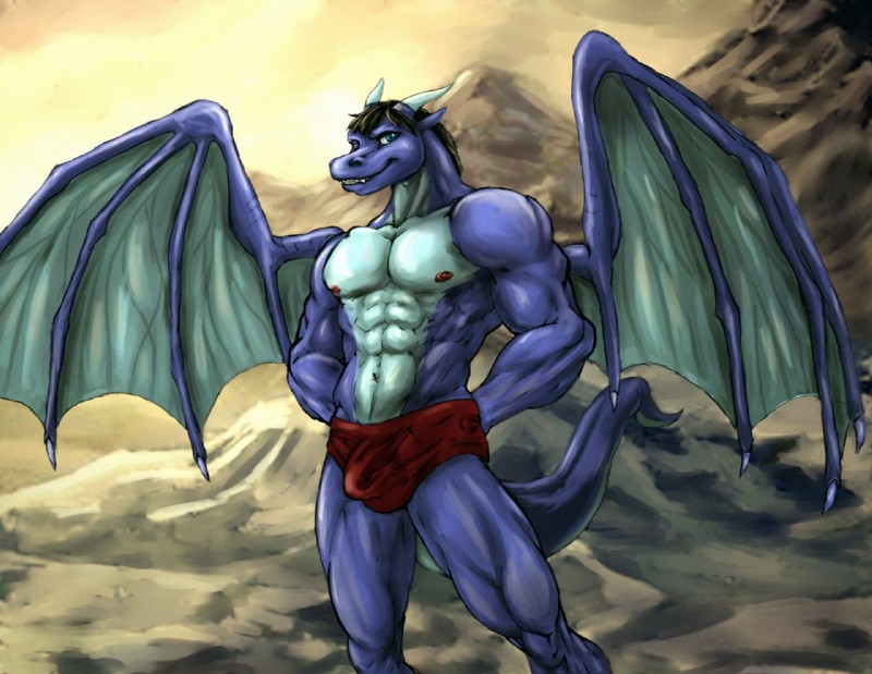 abs anthro athletic biceps big_muscles biped black_hair blue_body blue_eyes blue_skin briefs bulge clothed clothing fangs grey_body grey_skin grin hair horn looking_at_viewer male membrane_(anatomy) membranous_wings mountain muscular muscular_anthro muscular_male nipples outside pecs pose scales smile solo standing tail teeth topless underwear vein wings bleakcat mythology dragon mythological_creature mythological_scalie reptile scalie