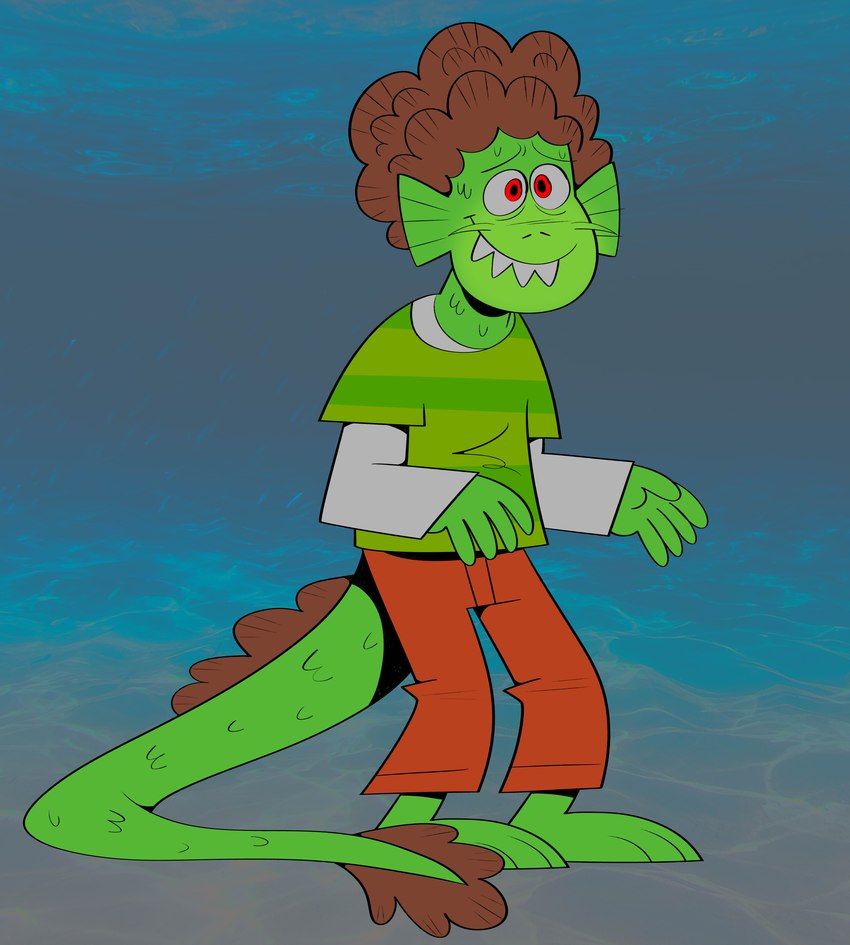 afro ambiguous_gender barbel_(anatomy) barefoot bottomwear clothing ear_fins feet fin fin_hair green_body green_scales humanoid_feet pants plantigrade pseudo_hair red_eyes scales sharp_teeth shirt smile solo t-shirt tail tail_fin teeth topwear futurama_(artist) disney fish_hooks luca_(pixar) pixar oscar_(fish_hooks) humanoid marine sea_monster absurd_res hi_res