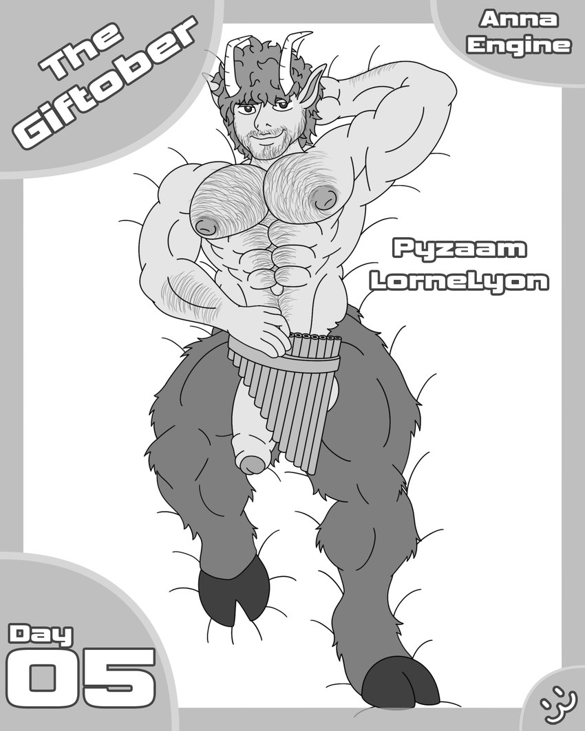 5_fingers abs arm_hair biceps body_hair border chest_hair curled_hair eyebrows facial_hair feet fingers flaccid flute foreskin front_view fur genitals grey_border hair hairy hand_behind_head holding_object hooves horn humanoid_genitalia humanoid_penis leg_tuft looking_at_viewer lying male monotone_body monotone_fur multicolored_body multicolored_fur muscular muscular_male musical_instrument navel nipples nude on_back partially_exposed_penis pecs penis raised_arm simple_background smile solo text tuft two_tone_body white_background wind_instrument woodwind_instrument annaengine horned_humanoid humanoid mammal satyr 4:5 absurd_res digital_drawing_(artwork) digital_media_(artwork) english_text hi_res monochrome portrait