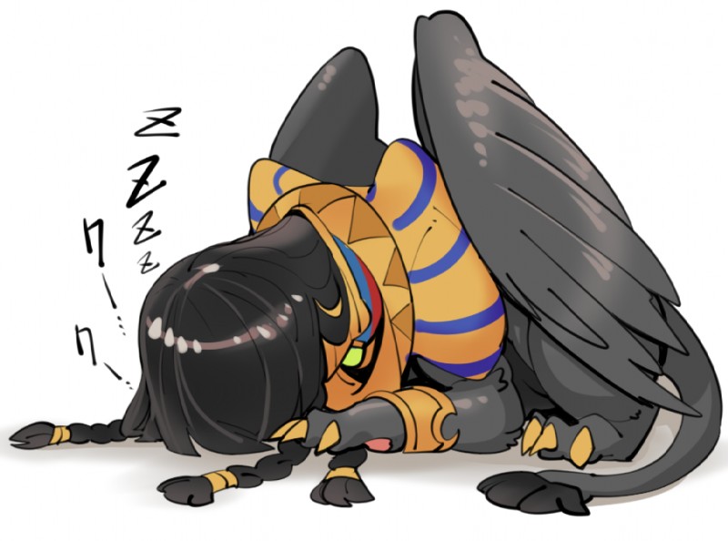 black_body black_feathers black_fur black_hair bracelet braided_hair claws clothing egyptian egyptian_clothing feathered_wings feathers female fur hair jewelry pawpads paws sleeping solo tail tail_tuft tuft wings sidotama fate_(series) mythology type-moon felid mallikah_sphinx mammal mythological_creature mythological_sphinx