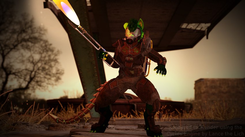 ambiguous_gender armor bone_tail claws clothing feet flamethrower fur green_body green_fur pawpads paws post-apocalyptic ranged_weapon skeletal_tail solo tail toe_claws toes weapon lance_the_lich blender_cycles fallout microsoft lance_barrowpaw canid canine canis lich mammal undead wolf 16:9 3d_(artwork) digital_media_(artwork) hi_res widescreen