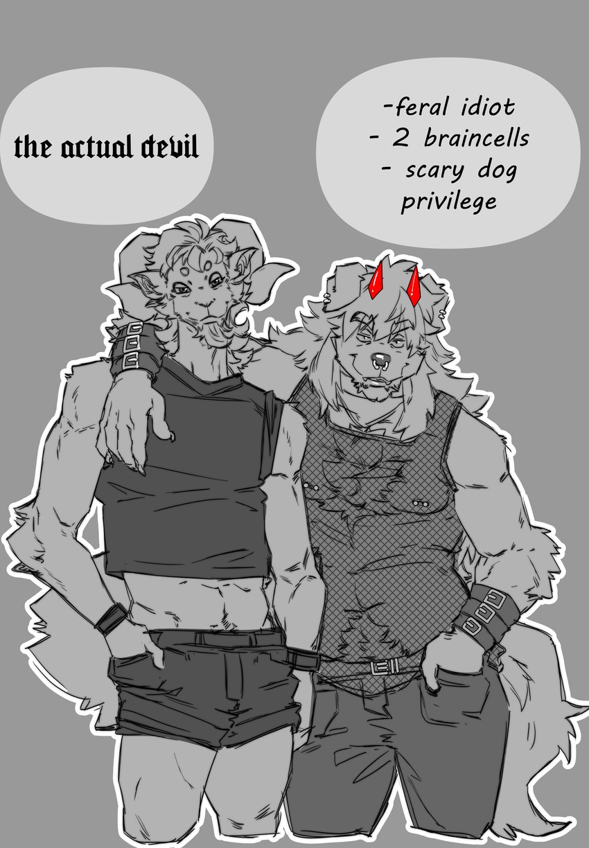 alternative_fashion anthro athletic athletic_anthro athletic_male barazoku biped duo ear_piercing ear_ring emo facial_piercing horn male nipple_piercing nipples nose_piercing piercing ring_piercing text johnfreak bovid canid canine canis caprine domestic_dog goat mammal absurd_res english_text hi_res