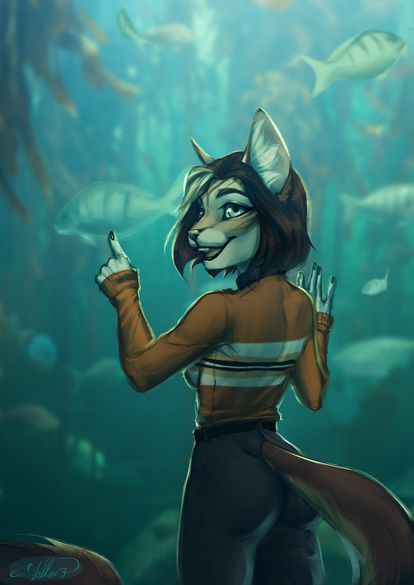 5_fingers anthro aquarium black_lips blue_eyes breasts brown_hair clothed clothing female fingers gesture hair hand_gesture lips open_mouth pointing smile solo standing teeth tongue vivarium nelly63 virgina_cowell domestic_cat felid feline felis fish mammal marine 2020 absurd_res digital_media_(artwork) hi_res