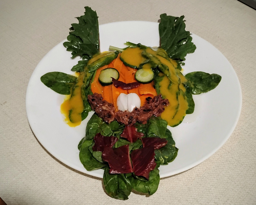 ambiguous_anthro ambiguous_clothing ambiguous_gender anthro antlers bean bean_(legume) blonde_hair carrot chibi cucumber female food fruit green_body hair horn legume lettuce oil oiled_body onion plant real salad salad_dressing solo spinach vegetable jumpy_kitty deltarune undertale_(series) noelle_holiday deer food_creature mammal 2025 hi_res mixed_media photography_(artwork)
