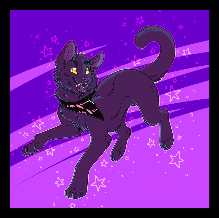 ambiguous_gender black_border black_kerchief black_neckerchief border cheek_tuft chibi digitigrade facial_tuft feral fur grey_body grey_fur grey_inner_ear grey_nose grey_pawpads grey_tongue kerchief neckerchief open_mouth open_smile pawpads paws purple_background raised_tail simple_background smile snout solo sparkles star tail teeth tongue tuft yellow_eyes maligaytor bluey_(maligaytor) domestic_cat felid feline felis mammal 2021 cel_shading digital_drawing_(artwork) digital_media_(artwork) full-length_portrait hi_res paint_tool_sai_(artwork) portrait shaded