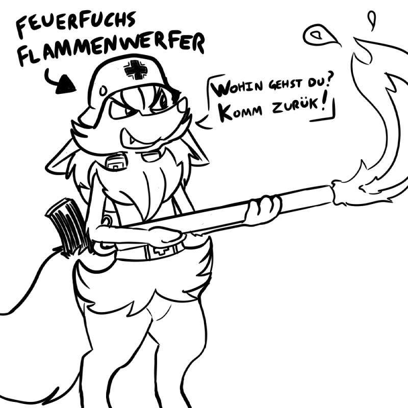 ambiguous_gender armor belt belt_buckle buckle clothing dress fire flamethrower german headgear helmet offscreen_character ranged_weapon solo text weapon battle_fennec nintendo pokemon mischief braixen canid canine generation_6_pokemon mammal pokemon_(species) 1:1 german_text monochrome translated