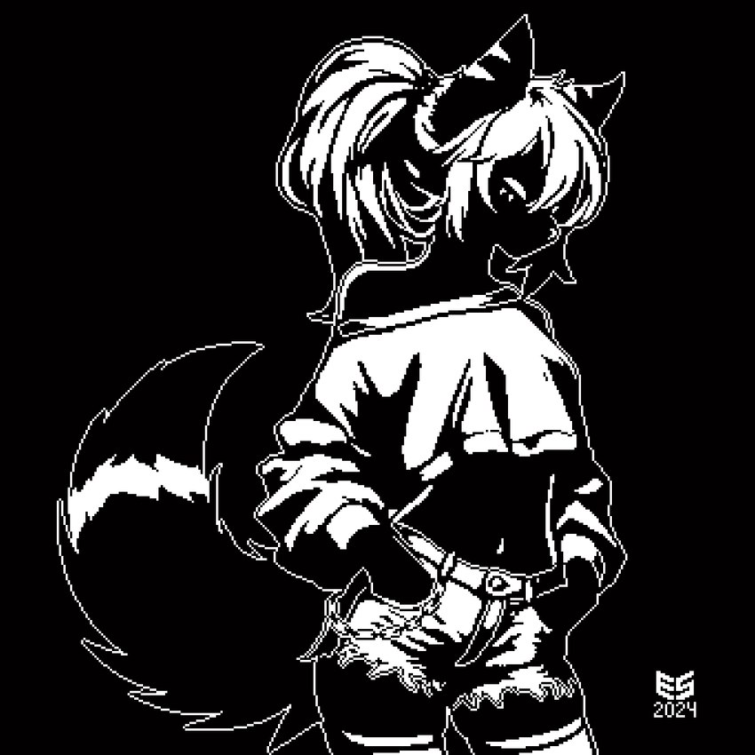 anthro bare_shoulders belt_chain black_background black_body black_fur black_shading bottomwear breasts clothed clothing crop_top denim denim_bottomwear denim_clothing denim_shorts facial_markings female fluffy fluffy_tail fur hair hands_in_both_pockets head_markings markings midriff monotone_background navel off_shoulder outline pants_chain scrunchie shirt shorts simple_background slim solo striped_markings stripes tail topwear white_clothing white_eyes white_hair white_nose white_outline ezeeshady arctic_fox canid canine fox mammal true_fox 1:1 2024 black_and_white digital_media_(artwork) monochrome pixel_(artwork) signature