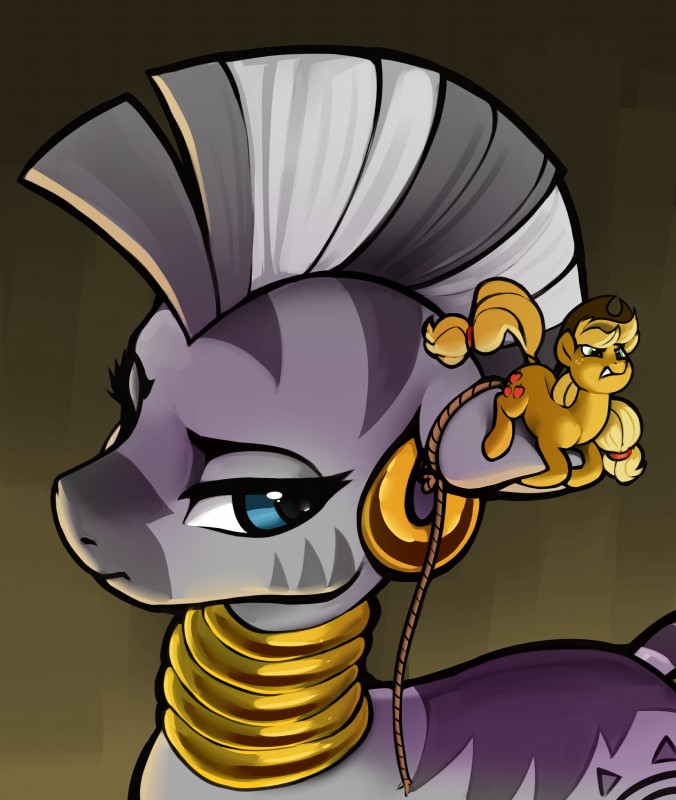 cutie_mark duo ear_piercing extreme_size_difference female feral hair micro piercing size_difference stripes dimfann friendship_is_magic hasbro my_little_pony applejack_(mlp) zecora_(mlp) earth_pony equid equine horse mammal pony zebra 2019 absurd_res hi_res