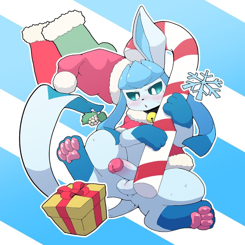 3_fingers 4_toes anthro balls bell bell_collar blue_background blue_balls blue_body blue_fur blue_penis blue_perineum blue_sclera blue_tail blush bodily_fluids bottomless bottomless_anthro bottomless_male box candy candy_cane christmas_clothing christmas_headwear christmas_stocking clothed clothing collar container costume dessert digitigrade erection feet fingers food front_view fur genitals gift_bow gift_box gift_wrapping glans hat headgear headwear holidays humanoid_genitalia humanoid_penis male mistletoe mistletoe_on_tail open_mouth pattern_background pawpads penis perineum pink_glans pink_pawpads plant red_clothing red_topwear santa_costume santa_hat semi-anthro simple_background snowflake solo striped_background sweat sweatdrop tail toes tongue topwear white_background white_eyes nightmareroa christmas nintendo pokemon eeveelution generation_4_pokemon glaceon pokemon_(species) 1:1 2024 digital_drawing_(artwork) digital_media_(artwork) hi_res shaded