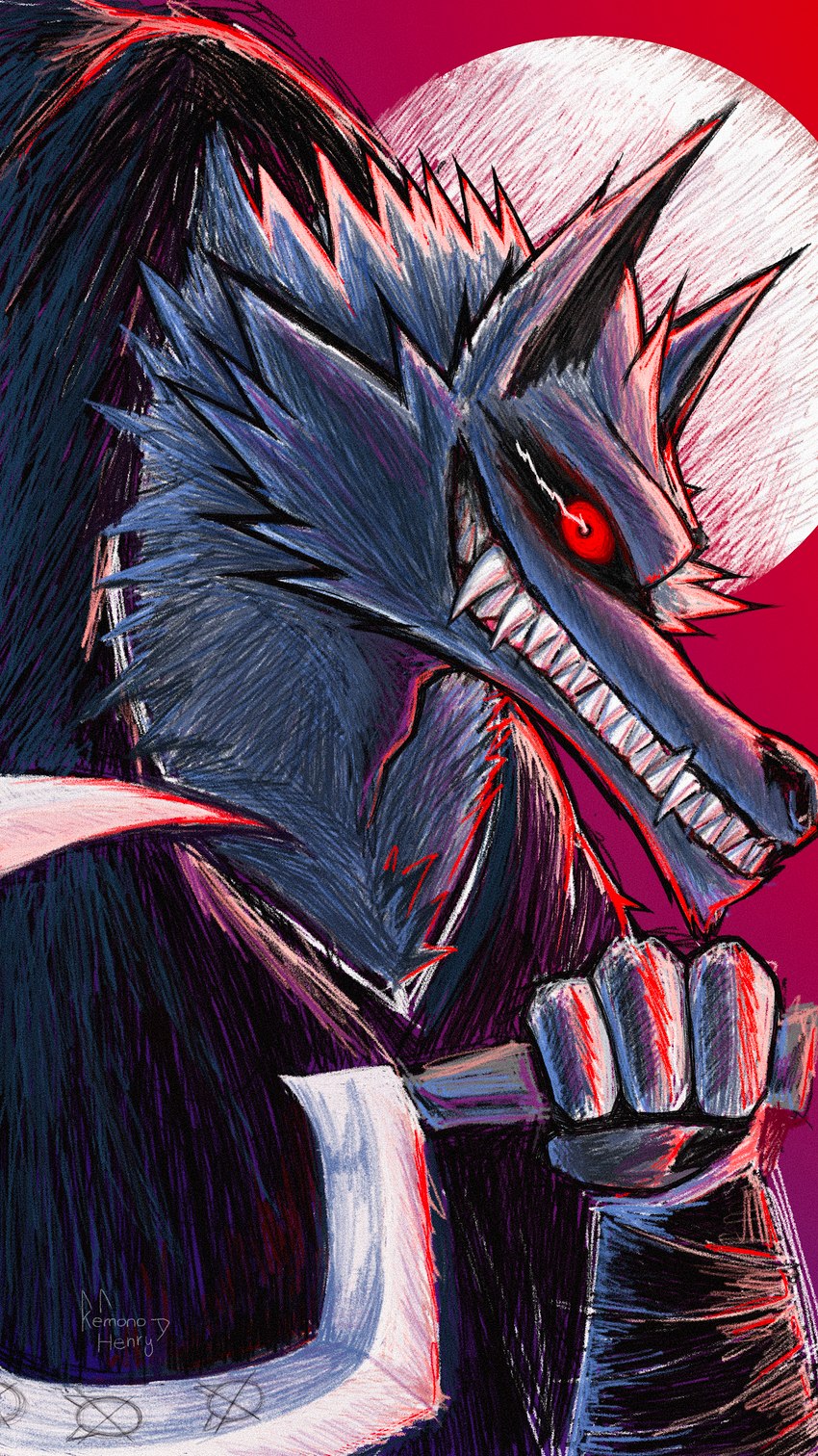 anthro arm_wrapping arm_wraps cheek_tuft cloak clothed clothing creepy_face ears_up facial_tuft fangs fluffy full_moon fur fuzzy glowing glowing_eyes grey_body grey_fur grin holding_object holding_weapon light looking_at_viewer male moon moonlight neck_tuft poncho red_background red_eyes sharp_teeth sickle simple_background sketchy smile solo spikes stylized teeth teeth_showing tuft weapon wrapped_arms wraps kemonohenry dreamworks mythology puss_in_boots_(franchise) death_(puss_in_boots) animal_humanoid canid canid_humanoid canine canine_humanoid canis humanoid mammal mammal_humanoid mythological_canine mythological_creature werecanid werecanine werecreature werewolf wolf wolf_humanoid hi_res lighting portrait signature wallpaper