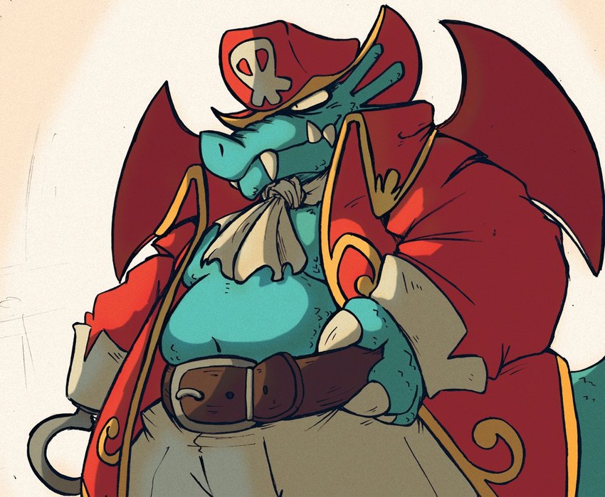 anthro belly blue_body bottomwear clothing hat headgear headwear kemono male moobs navel overweight overweight_male pants pirate_hat simple_background solo wings okudami mythology sega wonder_boy:_the_dragon's_trap wonder_boy_(series) captain_dragon dragon mythological_creature mythological_scalie scalie 2021