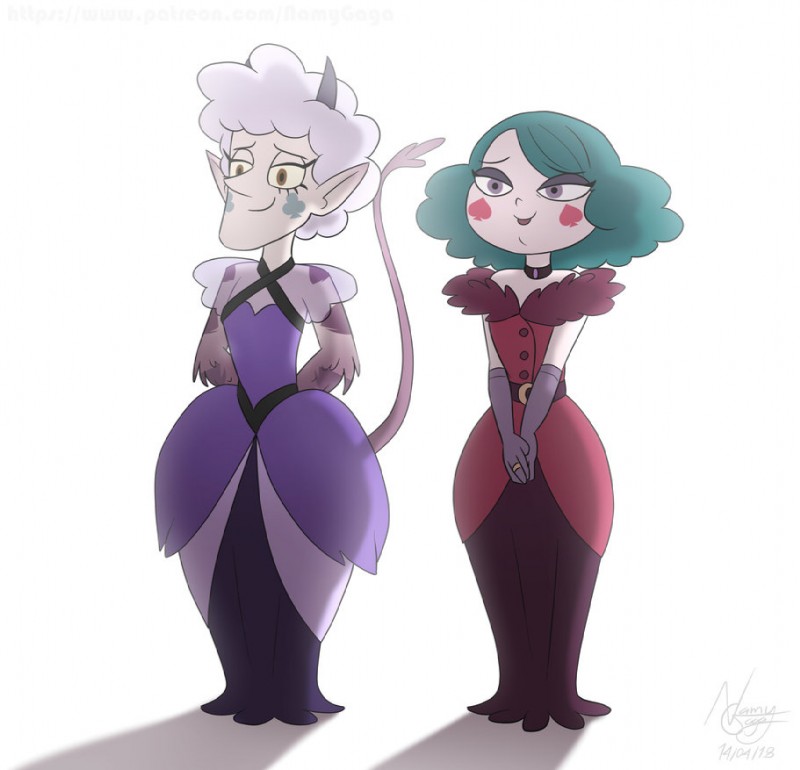 alternate_universe clothed clothing duo female horn not_furry princess queen royalty young namygaga disney star_vs._the_forces_of_evil eclipsa_butterfly meteora_butterfly demon humanoid hybrid mewman monster 2018 signature