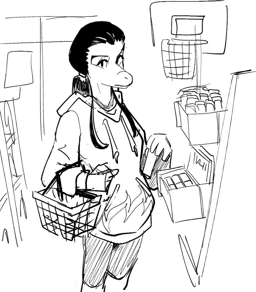 anthro clothing female hair hoodie looking_at_viewer shopping shopping_basket solo tied_hair topwear cavemanon cavemanon_studios i_wani_hug_that_gator miquella_ashtail dinosaur prehistoric_species reptile scalie monochrome portrait sketch three-quarter_portrait