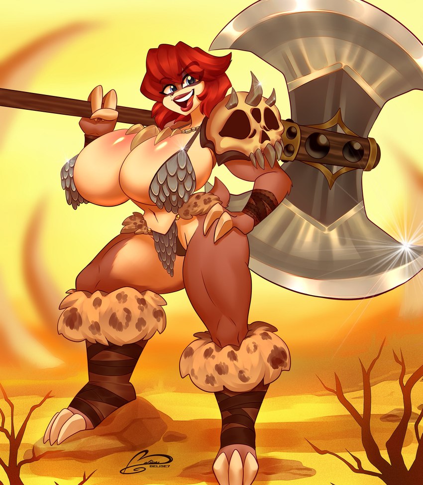 3_fingers anthro armor axe big_breasts bikini_armor blue_eyes bone breasts brown_body brown_fur cleavage clothed clothing female fingers fur hair holding_axe holding_object jewelry lips looking_at_viewer navel necklace red_hair short_hair shoulder_pads skull smile solo spikes standing unconvincing_armor weapon ooo-belise-ooo mammal pilosan sloth xenarthran absurd_res hi_res watermark