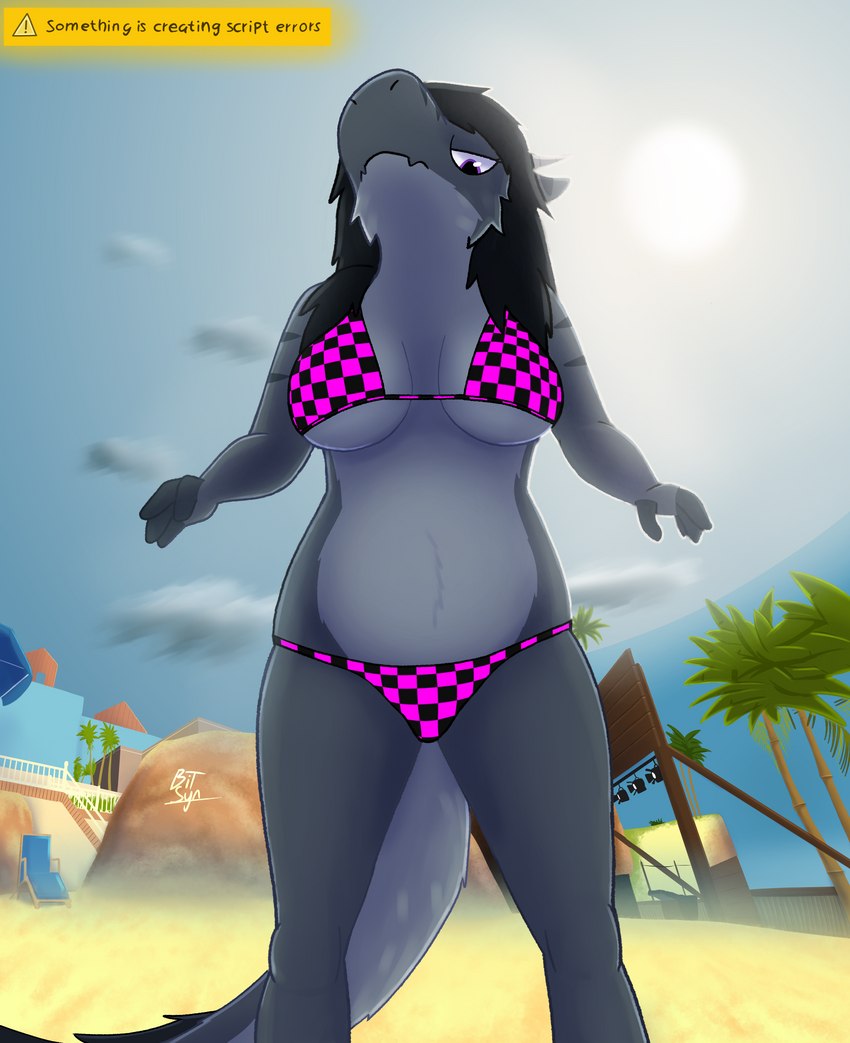 anthro beach big_breasts bikini bottomwear breasts checkered checkered_bikini checkered_clothing checkered_swimwear clothed clothing detailed_background error error_message exposure_variation fangs female fur grey_body grey_fur hair horn looking_at_viewer missing_texture multicolored_body multicolored_fur outside pattern_bikini pattern_clothing pattern_swimwear plant purple_eyes sand seaside sky solo swimwear symbol tail teeth text text_box thick_thighs topwear tree two-piece_swimsuit two_tone_body two_tone_fur warning_symbol bit_synergy garry's_mod mythology samantha_(bit-synergy) dragon furred_dragon furred_scalie mythological_creature mythological_scalie reptile scalie 3d_(artwork) absurd_res digital_media_(artwork) english_text hi_res