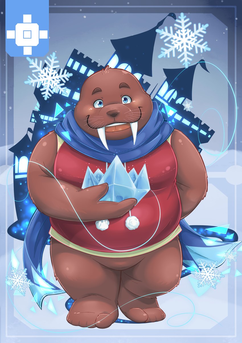 anthro belly blush brown_body castle clothing humanoid_hands ice kemono male overweight overweight_male scarf shirt solo topwear aotoaka mammal marine pinniped walrus 2020 absurd_res hi_res