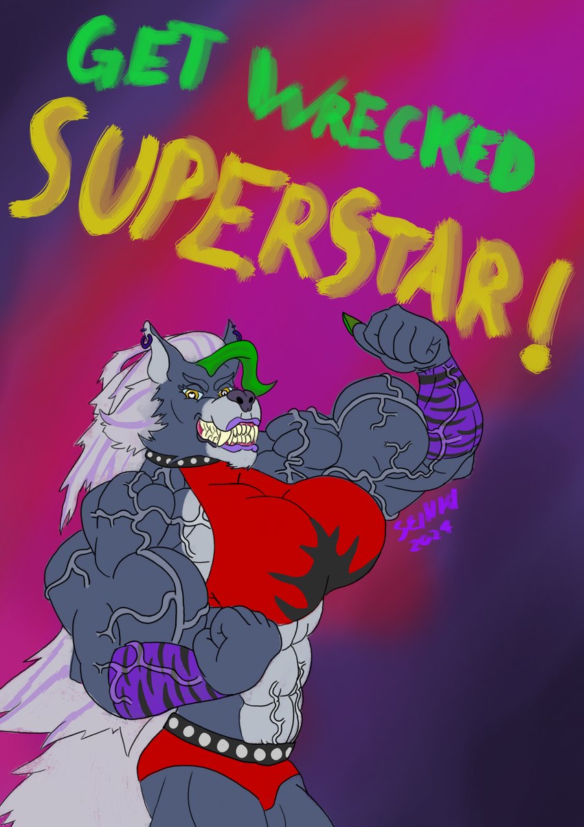 anthro big_biceps big_breasts big_muscles breasts ear_piercing female huge_breasts huge_muscles hyper hyper_muscles muscular muscular_female piercing pose solo vein veiny_muscles seinki five_nights_at_freddy's five_nights_at_freddy's:_security_breach scottgames steel_wool_studios roxanne_wolf canid canine canis mammal wolf absurd_res hi_res