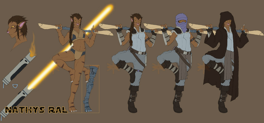 anthro clothed clothing female lightsaber melee_weapon orange_lightsaber prosthetic prosthetic_leg prosthetic_limb solo weapon frostwyrm102 star_wars nathys_ral cathar felid feline mammal model_sheet