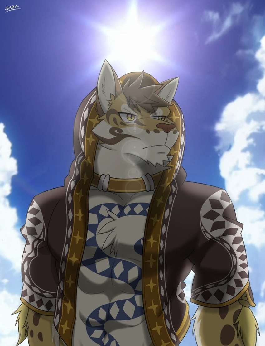 anthro cloud countershading fur hoodie_vest light light_beam male sky solo sunbeam sunlight tattoo yellow_eyes seandemon nekojishi studio_klondike likulau clouded_leopard deity felid mammal pantherine 2020 hi_res signature