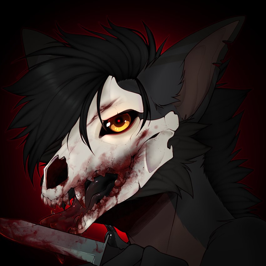 blood blood_in_mouth blood_on_face blood_on_weapon bodily_fluids bone knife knife_in_mouth knife_play licking licking_knife object_in_mouth skull skull_head tongue weapon maddencreatures canid canine canis mammal wolf 1:1 2024 absurd_res headshot_portrait hi_res portrait