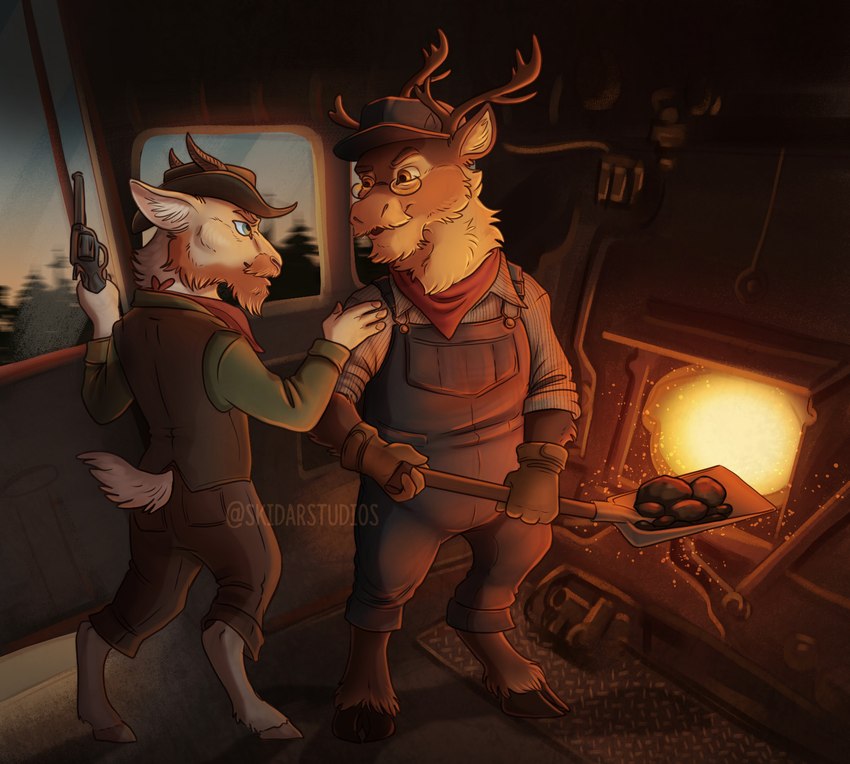anthro antlers armed bandits barefoot beard blue_bottomwear blue_clothing blue_eyes blue_hat blue_headwear blue_pants blue_suspenders bottomwear brown_body brown_clothing brown_eyes brown_fur brown_gloves brown_handwear brown_hat brown_headwear brown_topwear brown_vest clothing coal conductor conductor's_hat conductor_hat cowboy cowboy_hat cowboy_outfit criminal duo dusk eyebrows eyewear facial_hair feet fire fugitive fur glasses gloves grabbing_another grabbing_shoulders green_clothing green_shirt green_topwear gun hand_on_shoulder handgun handwear hat headgear headwear holding_another holding_gun holding_handgun holding_object holding_pistol holding_ranged_weapon holding_shoulder holding_shovel holding_tool holding_weapon horn intimidation kerchief looting male manly menancing mustache old_west outlaw pants pistol plant ranged_weapon red_beard red_clothing red_eyebrows red_facial_hair red_kerchief red_mustache robber robbery robbing rolled_up_sleeves shirt shovel shoveling sparks stealing sunset suspenders tail thief threatening threatening_violence threatening_with_weapon thug tools topwear tough_guy train train_conductor tree vehicle vest weapon wearing_glasses white_body white_fur wild_west skidarstudios bovid caprine deer goat mammal new_world_deer reindeer hi_res