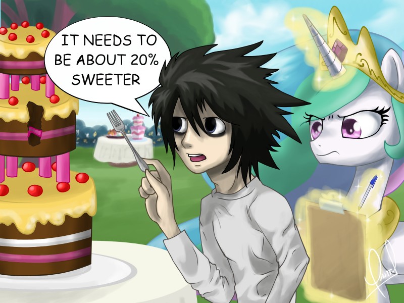 alternative_fashion black_hair cake clothing crown dessert dialogue duo emo feathered_wings feathers female food fur furniture hair headgear horn long_hair multicolored_hair open_mouth pen purple_eyes table teeth text white_body white_feathers white_fur wings zorbitas death_note friendship_is_magic hasbro my_little_pony mythology l_(death_note) princess_celestia_(mlp) equid equine human mammal mythological_creature mythological_equine winged_unicorn 4:3 crossover english_text hi_res signature