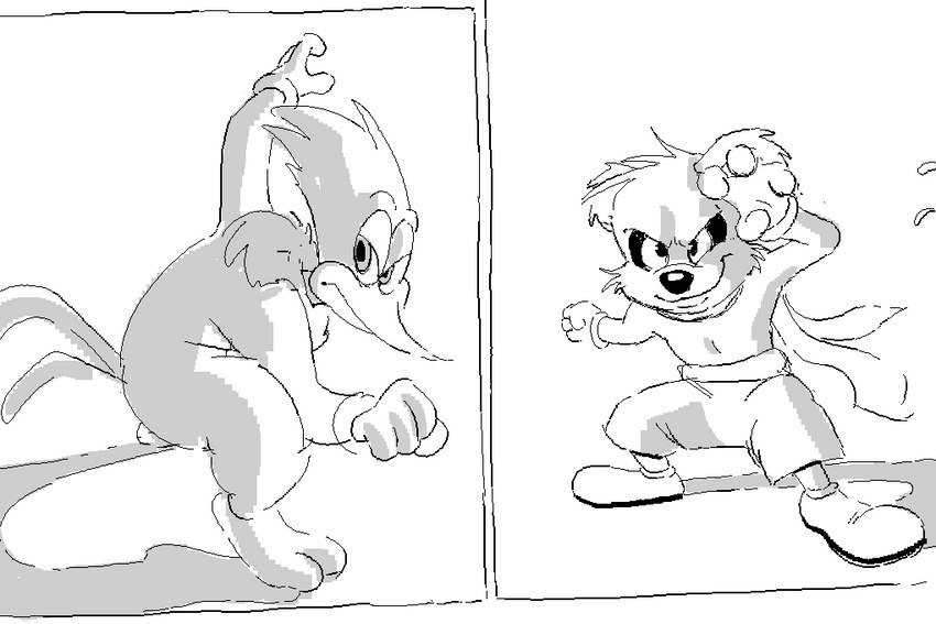 anthro clothing duo fight fighting_pose gloves handwear male markings martial_arts parody pose shirtless toony smekbo andy_panda_(series) dragon_ball the_woody_woodpecker_show universal_studios andy_panda goku vegeta woody_woodpecker avian bear bird giant_panda mammal picid woodpecker 3:2 monochrome