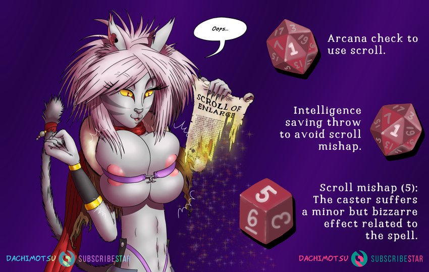 anthro areola areola_slip breast_expansion breast_squish breasts clothing d20 d6 dice expansion female fur gameplay_mechanics grey_body grey_fur hair magic natural_1 pink_hair red_eyes scarf solo squish text wardrobe_malfunction yellow_sclera dachimotsu dungeons_and_dragons hasbro pathfinder wizards_of_the_coast cam'wethrin catfolk domestic_cat felid feline felis mammal tabaxi english_text hi_res