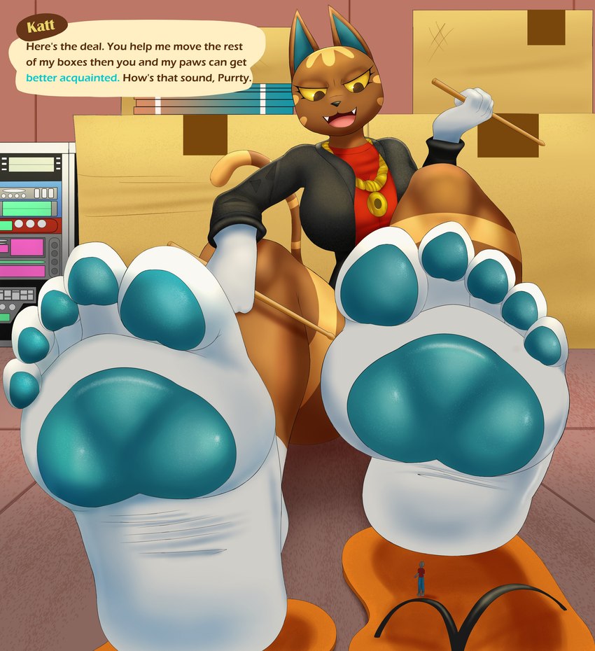 4_toes anthro barefoot breasts chain claws clothing duo extreme_size_difference feet female flip_flops foot_fetish foot_focus footwear gold_(metal) gold_chain gold_jewelry humanoid_feet jewelry macro male male/female micro necklace pawpads paws plantigrade sandals shoes size_difference slippers soles text toes prismosis animal_crossing nintendo katt_(animal_crossing) domestic_cat felid feline felis human mammal absurd_res english_text hi_res