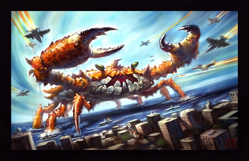 aircraft airplane ambiguous_gender belly building claws crab_battle feral hair jet landscape_dwarfing macro military navy orange_body outside sea ship short_hair solo spikes vehicle water watercraft what white_belly adam_vehige giant_enemy_crab arthropod crab crustacean decapoda malacostracan marine monster 2006 meme