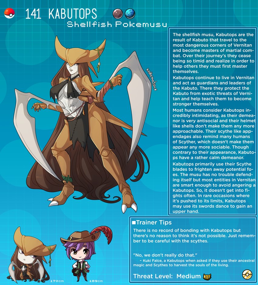 armor breasts brown_hair chibi clothed clothing female hair headgear headwear helmet long_hair male pokemorph text kinkymation nintendo pokemon fossil_pokemon generation_1_pokemon human humanoid kabutops mammal marine pokemon_(species) english_text hi_res