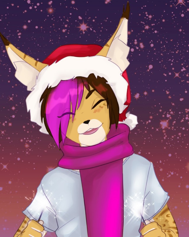 anthro blush brown_hair christmas_clothing christmas_headwear clothed clothing ear_tuft eyes_closed fireworks fully_clothed hair happy hat headgear headwear holding_object holidays male multicolored_hair open_mouth purple_hair santa_hat scarf shirt smile snow snowflake snowing solo sparkler tongue topwear tuft mishabahl christmas arlen_tawny felid feline lynx mammal 4:5 hi_res