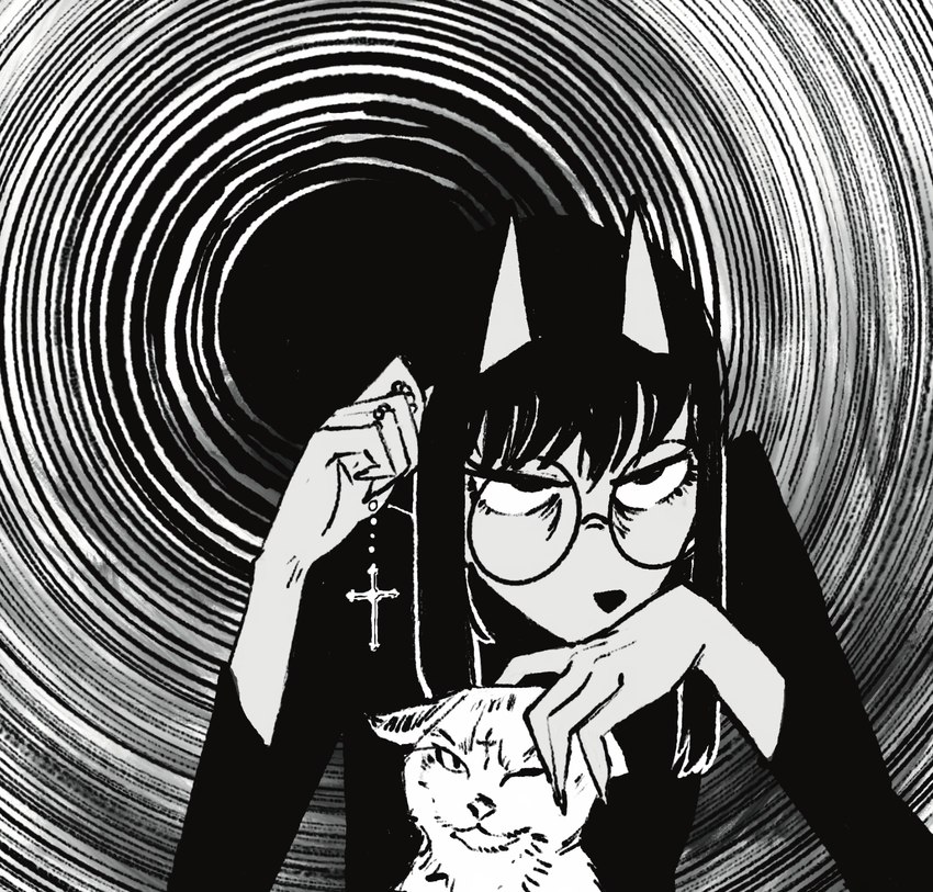 abstract_background anthro black_clothing black_hair christian_cross christian_symbol christianity clothed clothing cross cross_necklace cross_tattoo duo eyewear facial_tattoo female feral fur glasses hair humanoid_pointy_ears jewelry necklace pointy_ears prick_ears religion spiral_background stare tattoo white_body white_fur furstang domestic_cat felid feline felis mammal absurd_res black_and_white digital_drawing_(artwork) digital_media_(artwork) hi_res monochrome