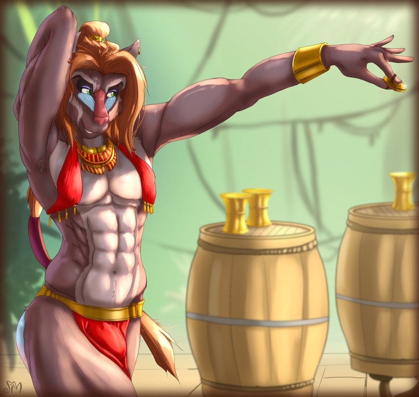 abs anthro athletic athletic_anthro athletic_male bottomwear bulge clothed clothing dancing fur grey_body grey_fur hair loincloth long_hair male navel red_hair solo topless topless_anthro topless_male scythemouse haplorhine mammal mandrill monkey old_world_monkey primate 2024 hi_res