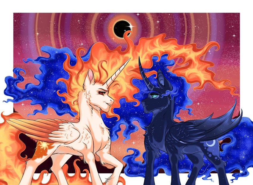 bat_wings blue_body blue_eyes blue_feathers blue_fur blue_hair blue_mane blue_sclera blue_tail chest_tuft curled_horn cutie_mark duo ear_tuft ethereal_hair ethereal_mane ethereal_tail feathered_wings feathers female feral fire flaming_hair flaming_mane flaming_tail folded_wings fur hair horn long_horn mane membrane_(anatomy) membranous_wings orange_body orange_feathers orange_hair orange_mane orange_tail pseudo_hair pseudo_mane red_sclera tail tuft white_body white_feathers white_fur wings yellow_eyes swabakar friendship_is_magic hasbro my_little_pony mythology daybreaker_(mlp) nightmare_moon_(mlp) equid equine mammal mythological_creature mythological_equine winged_unicorn 2023 digital_media_(artwork) hi_res