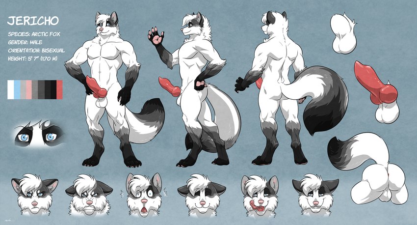 4_toes 5_fingers angry animal_genitalia animal_penis annoyed anthro anus arm_tuft back_muscles backsack balls blue_eyes butt canine_genitalia canine_penis cheek_tuft claws clenched_teeth color_swatch digitigrade elbow_tuft erection expressions eyes_closed facial_tuft fangs feet finger_claws fingers front_view fully_sheathed fur genitals gloves_(marking) grin hair hindpaw humanoid_hands inner_ear_fluff knot leg_markings licking licking_lips licking_own_lips male markings navel nude open_mouth open_smile pawpads paws penis perineum pink_nose pink_pawpads rear_view red_penis self_lick sheath side_view smile socks_(marking) solo standing surprise tail teeth text toe_claws toes tongue tongue_out tuft turnaround white_body white_fur white_hair wfa jericho_(gasaraki2007) arctic_fox canid canine fox mammal true_fox 2022 character_name english_text full-length_portrait hi_res model_sheet portrait signature