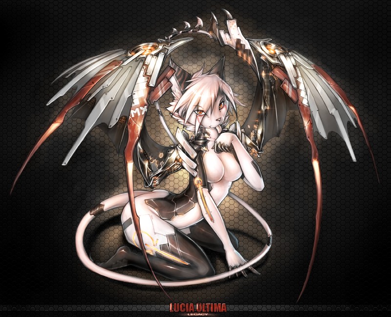 abstract_background anthro breasts cleavage clothed clothing cybernetic_wing cybernetics female hair kneeling licking looking_at_viewer machine nipples red_eyes simple_background solo tail tongue tongue_out white_hair wings legacy350 lucia_ultima cyborg felid mammal hi_res