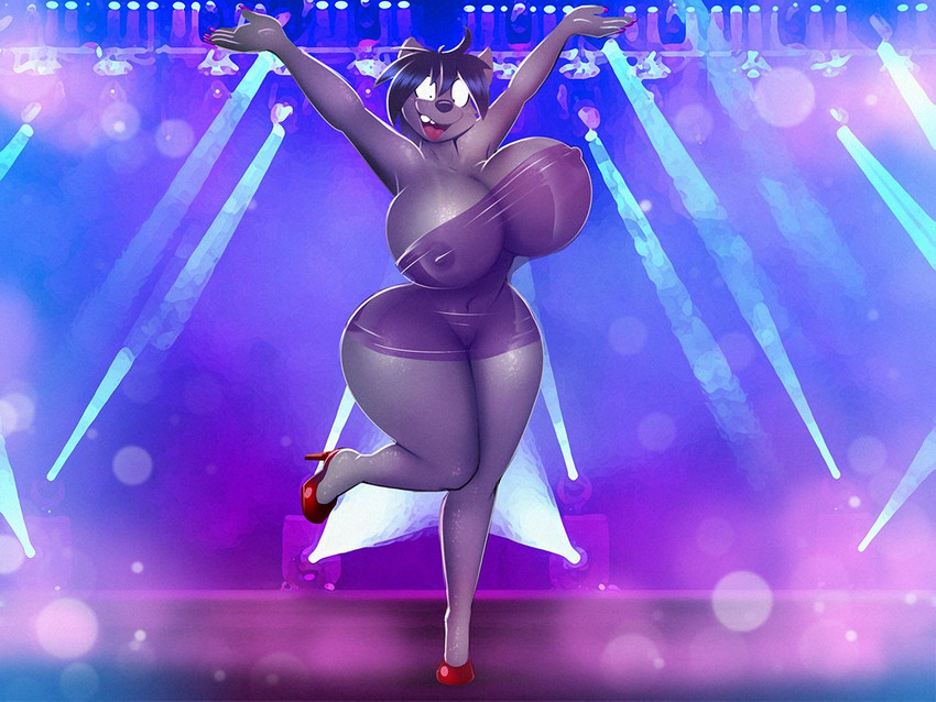 anthro areola big_breasts black_hair black_nose breasts clothed clothing crossgender curvy_anthro curvy_female curvy_figure dress exposure_variation female footwear fur glistening glistening_body grey_body grey_fur hair happy high_heels hourglass_figure hourglass_figured_anthro hourglass_figured_female huge_breasts long_legs looking_at_viewer minidress mtf_crossgender nipple_outline nipples open_mouth performance performer pose pumps pupils raised_arms raised_foot red_clothing red_footwear red_high_heels shoes small_pupils small_waist smile solo spread_arms stage stage_lights standing thick_thighs translucent translucent_clothing translucent_dress tube_dress wide_hipped_anthro wide_hipped_female wide_hips dracojeff phyco canid canine canis mammal wolf 4:3 male_(lore)