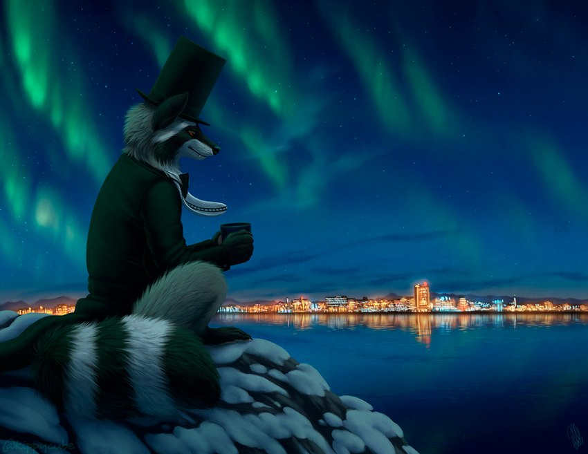 anthro aurora_(phenomenon) barefoot biped black_nose black_tie_(suit) bottomless city cityscape claws clothed clothing cloud container crouching cup cute_fangs detailed_background facial_markings fangs feet fluffy fluffy_tail fur glistening grey_body grey_fur hat head_markings headgear headwear holding_container holding_cup holding_object lake lights male markings mask_(marking) mountain night outside plantigrade pointy_ears prick_ears reflection ring_(marking) ringed_tail side_view sitting sky smile snow solo star starry_sky striped_markings striped_tail stripes suit tail tail_markings teeth toe_claws top_hat water water_reflection winter kippycube tilton mammal procyonid raccoon 2021 digital_media_(artwork) full-length_portrait portrait signature