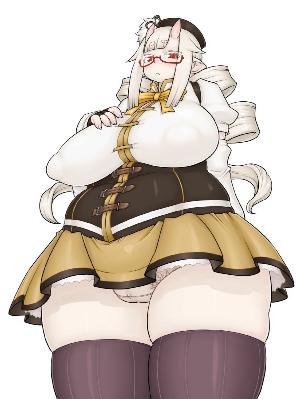 alternative_fashion big_breasts blush breasts camel_toe clothing cosplay cosplay_lolita eyewear female glasses horn j-fashion legwear lolita_(fashion) looking_at_viewer magical_girl_outfit military_lolita not_furry nude overweight overweight_female overweight_humanoid red_eyes simple_background solo stockings thick_thighs white_background namu_gunsou asian_mythology east_asian_mythology japanese_mythology mythology puella_magi puella_magi_madoka_magica chikurako_kanoeki mami_tomoe demon humanoid oni yokai hi_res