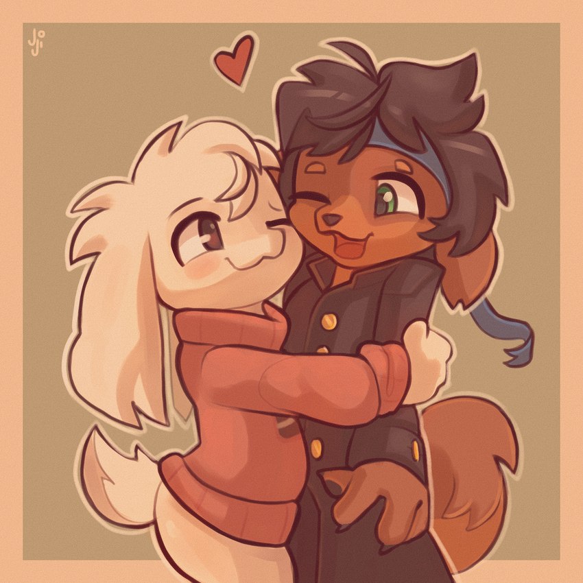 anthro black_eyes blush bottomless clothed clothing duo female fur green_eyes hair heart_symbol hug kerchief male male/female one_eye_closed open_mouth pink_clothing pink_topwear simple_background smile tail topwear white_body white_fur conditional_dnp joooji cave_story fan_character kookie canid canine canis domestic_dog lagomorph mammal mimiga 1:1 digital_media_(artwork) hi_res