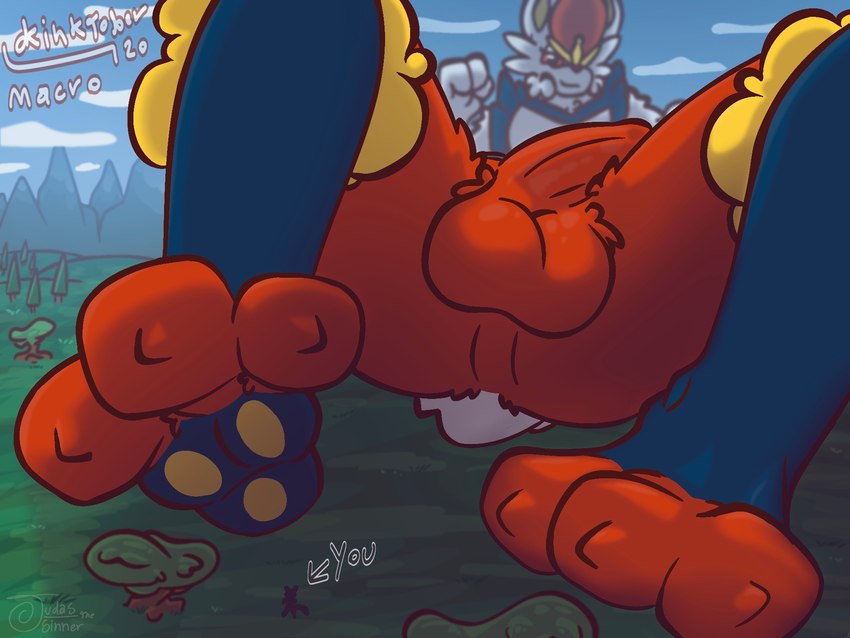 anthro big_butt big_penis butt cloud day duo extreme_size_difference feet foot_fetish foot_focus genitals glistening grass grass_field huge_penis humanoid_genitalia humanoid_penis large_paws looming looming_foot lying macro male micro mountain mountainside on_back paw_pose penis plant pose red_penis silhouette size_difference smile smirk solo solo_focus step_pose text tree judasthesinner kinktober kinktober_2024 nintendo pokemon cinderace generation_8_pokemon pokemon_(species) 2024 4:3 english_text hi_res shaded soft_shading