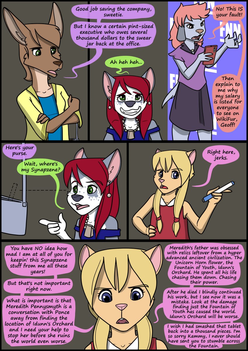 anthro biped detailed_background dialogue female fur group hair open_mouth speech_bubble standing text kammypup_(artist) runt_(artist) kammypup kangaroo macropod mammal marsupial 2021 artist_collaboration comic english_text hi_res