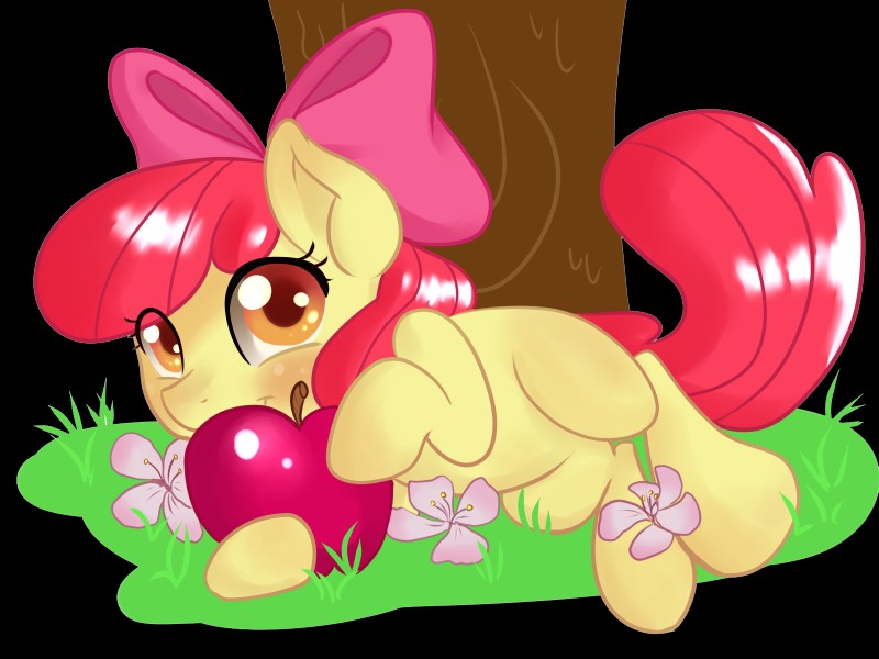 accessory amber_eyes apple blush bow_(feature) bow_accessory bow_ribbon female feral flower food fruit hair hair_accessory hair_bow hair_ribbon looking_at_viewer lying plant red_hair ribbons simple_background solo transparent_background tree young young_feral pon3splash friendship_is_magic hasbro my_little_pony apple_bloom_(mlp) earth_pony equid equine horse mammal pony 2014 4:3 alpha_channel hi_res