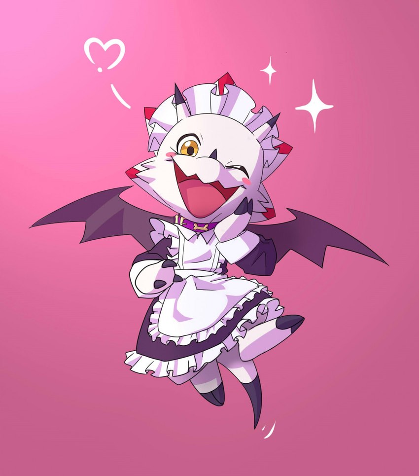 2_toes 3_fingers anthro apron black_claws blush claws clothed clothing collar crossdressing dipstick_tail feet fingers flying maid_headdress maid_uniform male markings one_eye_closed red_markings scales solo tail tail_markings toe_claws toes uniform white_body white_scales wings wink yellow_eyes lewdango bandai_namco digimon digimon_ghost_game ceratopsian digimon_(species) dinosaur gammamon ornithischian prehistoric_species reptile scalie hi_res