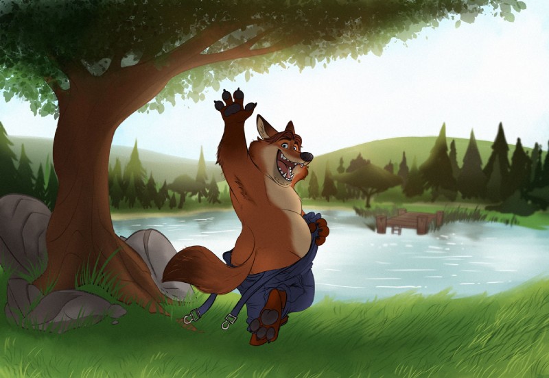 anthro armpit_hair belly body_hair butt clothing gesture looking_at_viewer male nude outside overalls pawpads pier plant river seaside skinny_dipping slightly_chubby solo tree undressing water waving dead_stray_bear disney zootopia gideon_grey canid canine fox mammal red_fox true_fox 2016