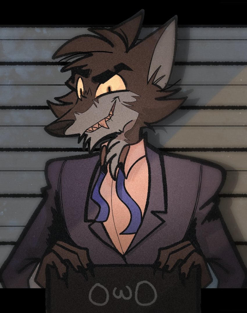 anthro black_claws brown_body brown_fur brown_nose chart chart_background cheek_tuft chin_tuft claws clothing emoticon facial_tuft fangs fur grin head_tuft height_chart holding_object holding_sign jail_placard loose_necktie male male_anthro neck_tuft necktie orange_sclera owo pink_clothing pink_shirt pink_topwear placard police_lineup purple_necktie sharp_teeth shirt sign simple_background smile solo suit teeth topwear tuft steammazapan_(artist) dreamworks the_bad_guys mr._wolf_(the_bad_guys) canid canine canis mammal wolf 2021 hi_res